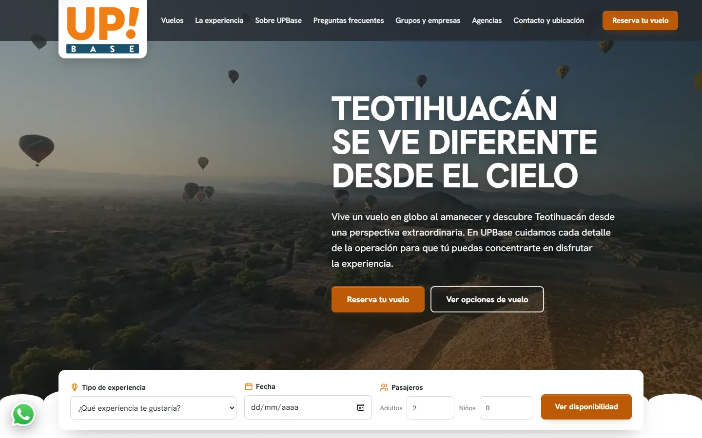 Portada de la web de UPBase: vuelos en globo sobre Teotihuacán con el buscador de reservas.